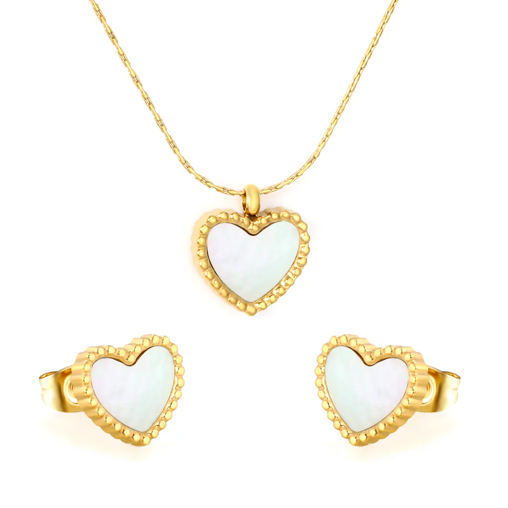 Stainless Steel Gold Color PVD Heart Shaped White Shell Cross Hammer Chain Jewelry Set