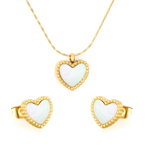 Stelluxe Stainless Steel Gold Color PVD Heart Shaped White Shell Cross Hammer Chain Jewelry Set