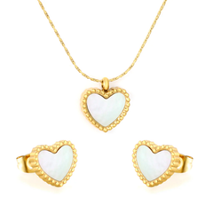 Tresoli Stainless Steel Gold Color PVD Heart Shaped White Shell Cross Hammer Chain Jewelry Set