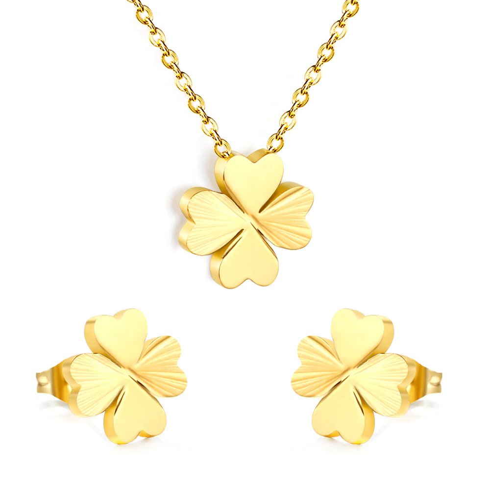 Stainless Steel Gold Color PVD Four Leaf Clover With Cross Chain Earrings And Necklace Set