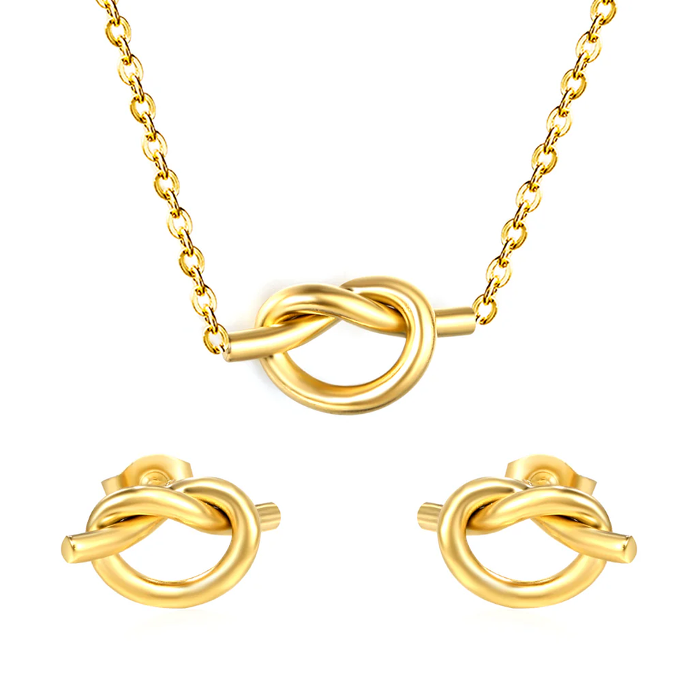 Stainless Steel Gold Color PVD Knotting With Cross Link Chain Earrings And Necklace Set