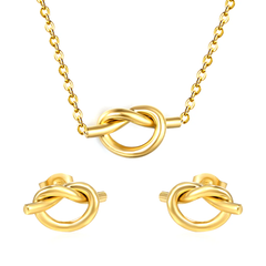 Tresoli Stainless Steel Gold Color PVD Knotting With Cross Link Chain Earrings And Necklace Set