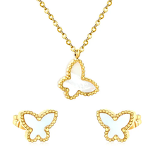 Load image into Gallery viewer, Tresoli Steel Gold Color PVD White Acrylic Butterfly Shape Cross Chain Earrings And Necklace