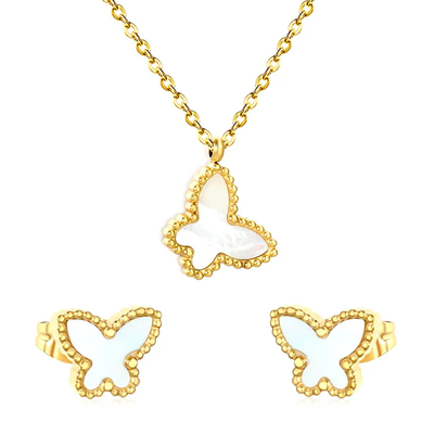 Tresoli Steel Gold Color PVD White Acrylic Butterfly Shape Cross Chain Earrings And Necklace