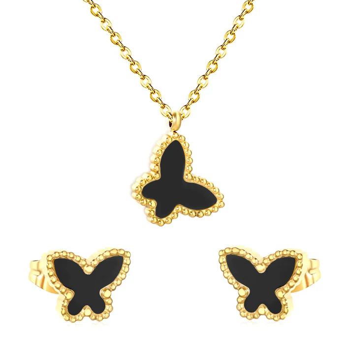 Tresoli Stainless Steel Gold Color PVD Black Acrylic Butterfly Shape Cross Chain Earrings And Necklace