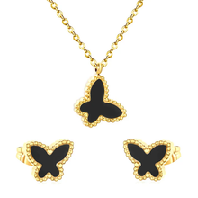 Load image into Gallery viewer, Tresoli Stainless Steel Gold Color PVD Black Acrylic Butterfly Shape Cross Chain Earrings And Necklace