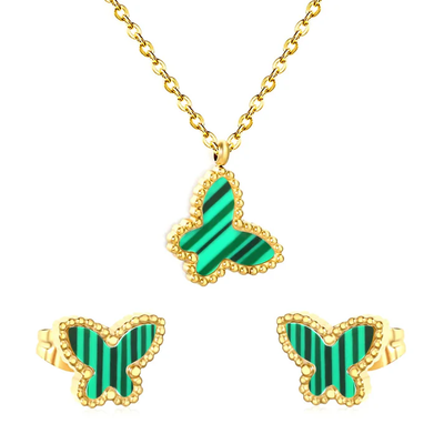 Tresoli Stainless Steel Gold Color PVD Green Acrylic Butterfly Shape Cross Chain Earrings And Necklace