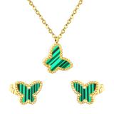 Tresoli Stainless Steel Gold Color PVD Green Acrylic Butterfly Shape Cross Chain Earrings And Necklace