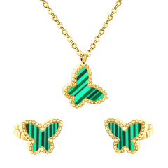 Tresoli Stainless Steel Gold Color PVD Green Acrylic Butterfly Shape Cross Chain Earrings And Necklace