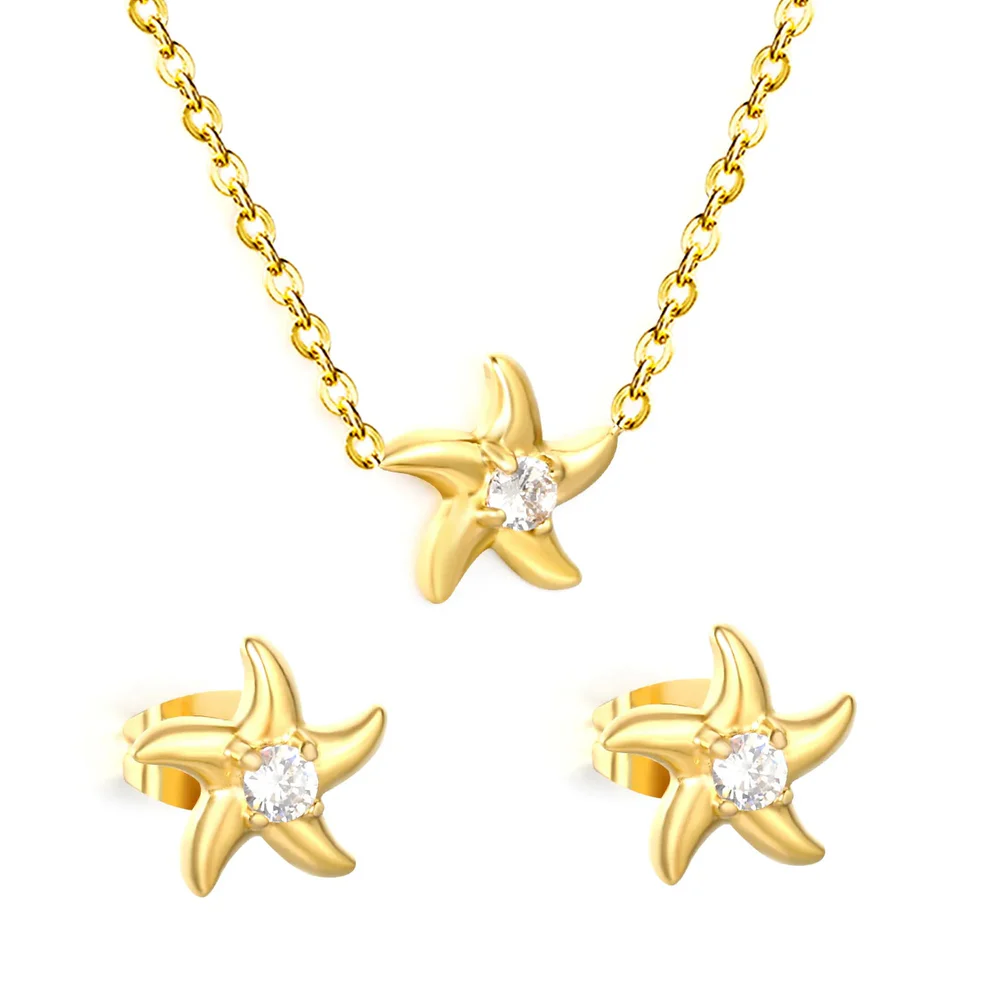 Stainless Steel Gold Color PVD Starfish Inlaid Stone Jewelry Set With Cross Chain