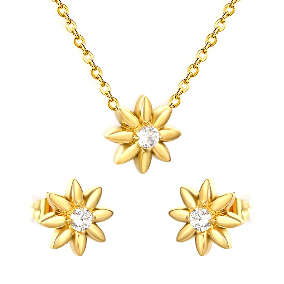 Stainless Steel Gold Color PVD Flower Inlaid Stone Jewelry Set With Cross Chain