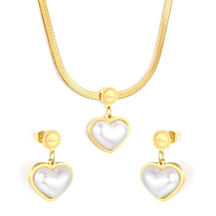Stainless Steel Gold Color PVD Pearl Heart Shaped Earring And Necklace Set