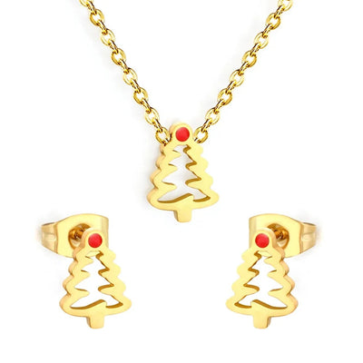 Stainless Steel Gold Color PVD Red Enamel Christmas Tree Jewelry Set