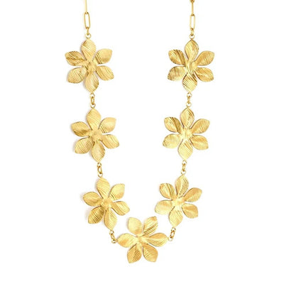 Stainless Steel Gold Color PVD Six Petal Flowers Charms Paperclip Chain Necklace