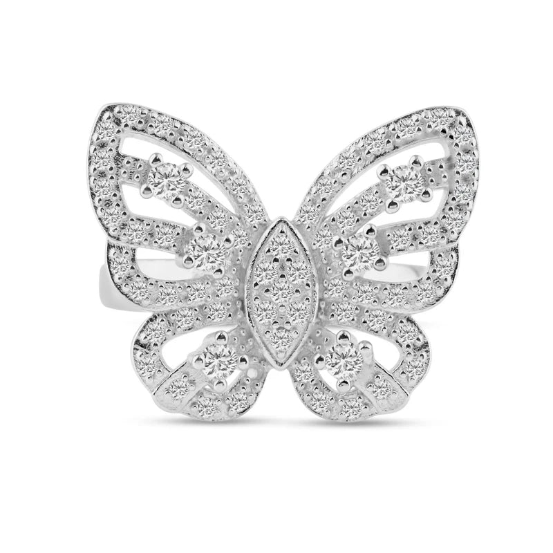 Sterling Silver Rhodium Plated Pave Set CZ Butterfly Ring