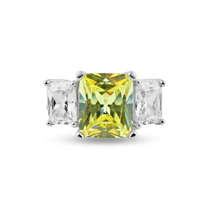 Sterling Silver Modern Trio Stone Ring Centered with Solid Yellow CzAnd Paired with Fine Double Clear Cz Stones