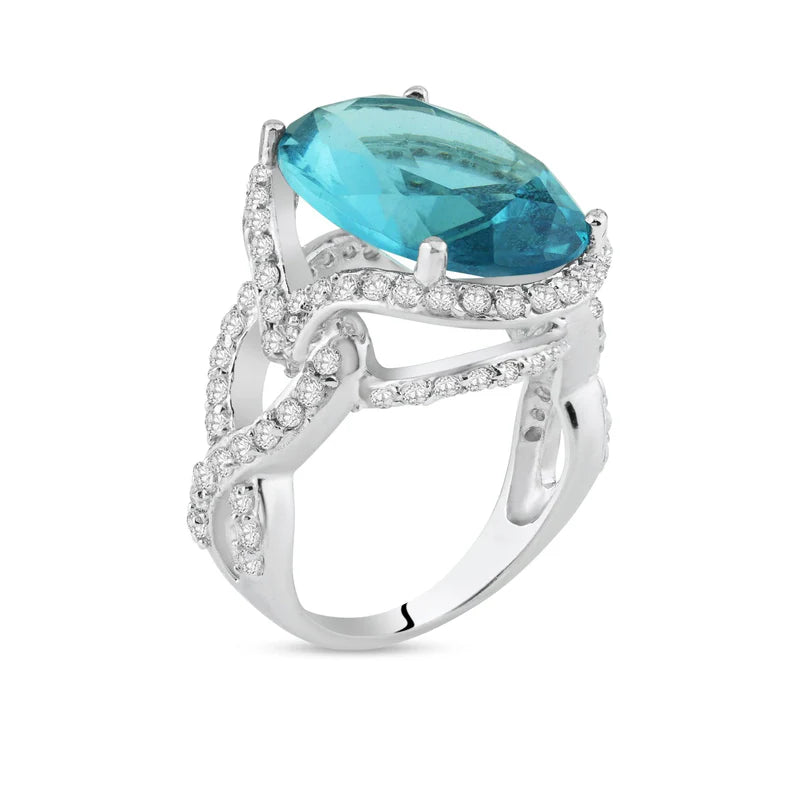 Sterling Silver Elegant Ring Centered with Solid Oval Cut Blue Cz & Intertwined Band Embedded with Clear Cz Stones