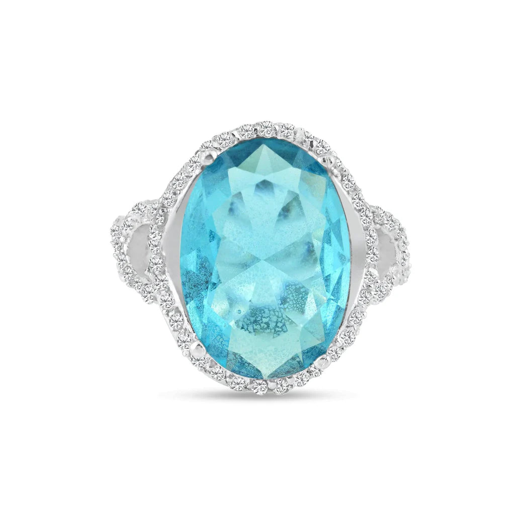 Sterling Silver Elegant Ring Centered with Solid Oval Cut Blue Cz & Intertwined Band Embedded with Clear Cz Stones