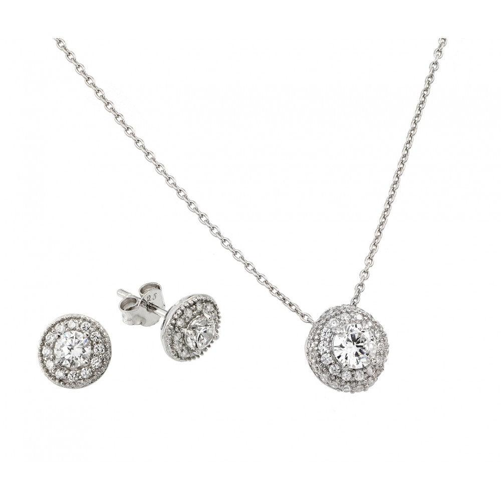 Sterling Silver Rhodium Plated Round CZ Stud Earring and Necklace Set