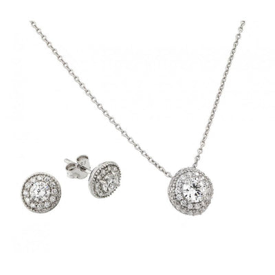 Sterling Silver Rhodium Plated Round CZ Stud Earring and Necklace Set