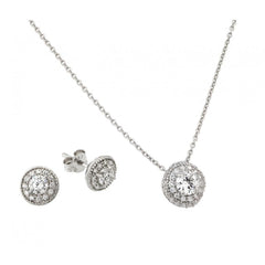 Sterling Silver Rhodium Plated Round CZ Stud Earring and Necklace Set