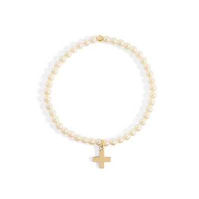 Stelluxe Stainless Steel Gold Color PVD Pearl Beaded With Cross Bracelet
