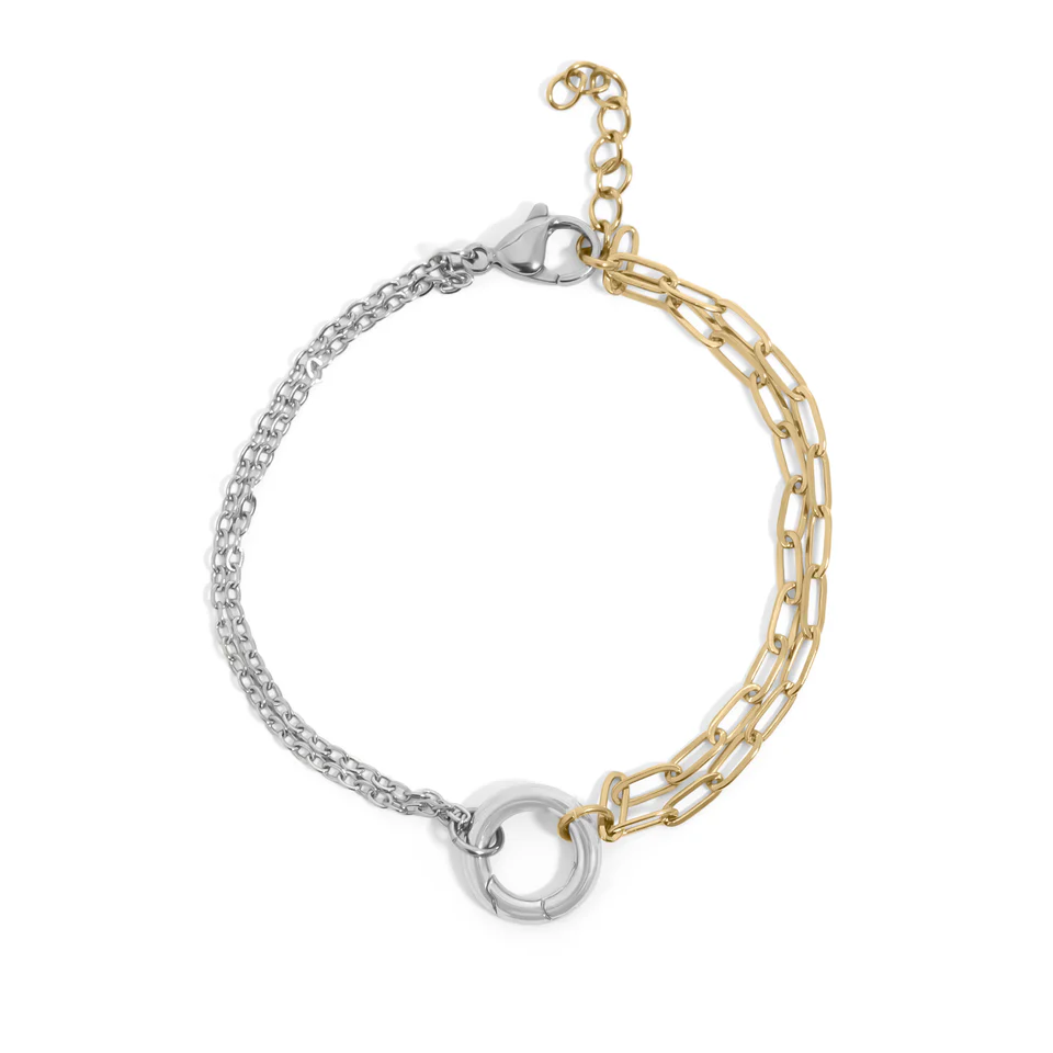 Stelluxe Stainless Steel And Gold Color PVD Mixed Metal Double Chain Charm Holder Bracelet