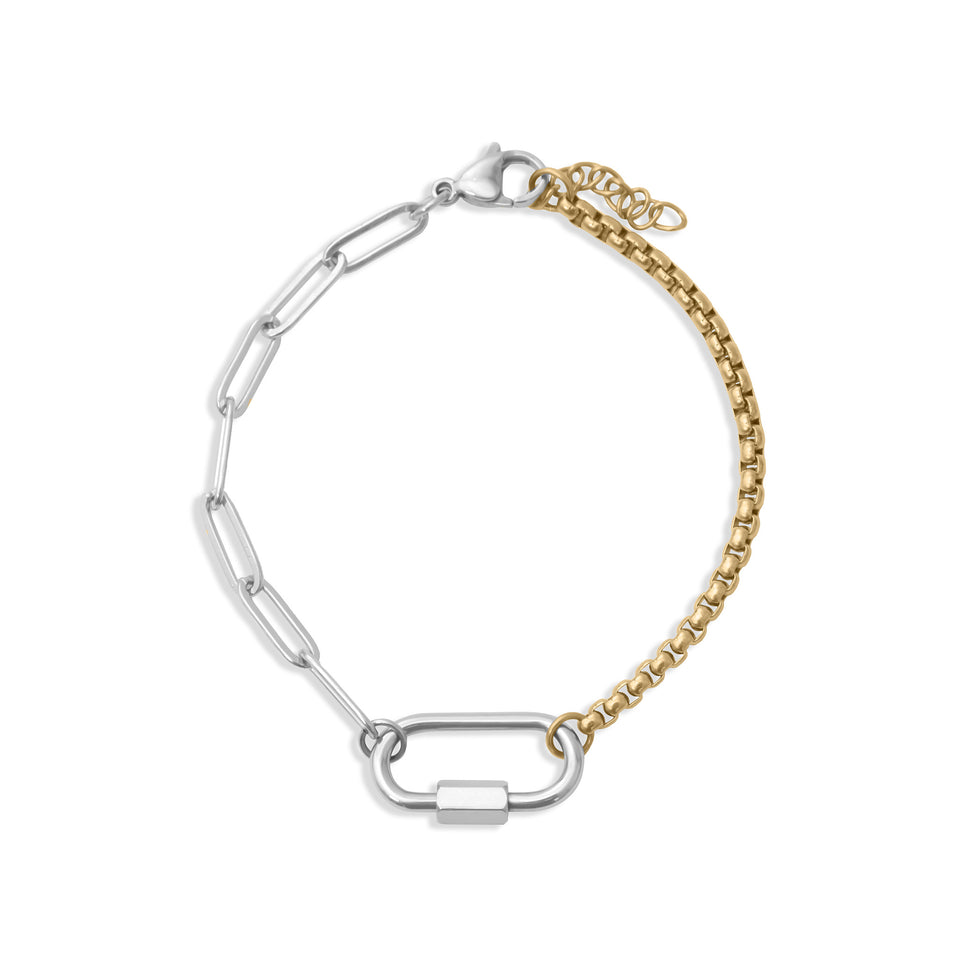 Tresoli  Stainless Steel And Gold Color PVD Mixed Metal Split Chain Paperclip Carabiner Bracelet