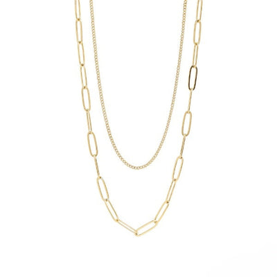 Stelluxe Stainless Steel Gold Color PVD Dainty Curb And Paperclip Layered Chain Necklace