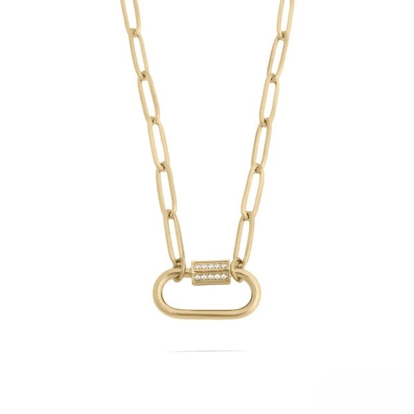 Stainless Steel Gold Color PVD CZ Stone Carabiner Necklace