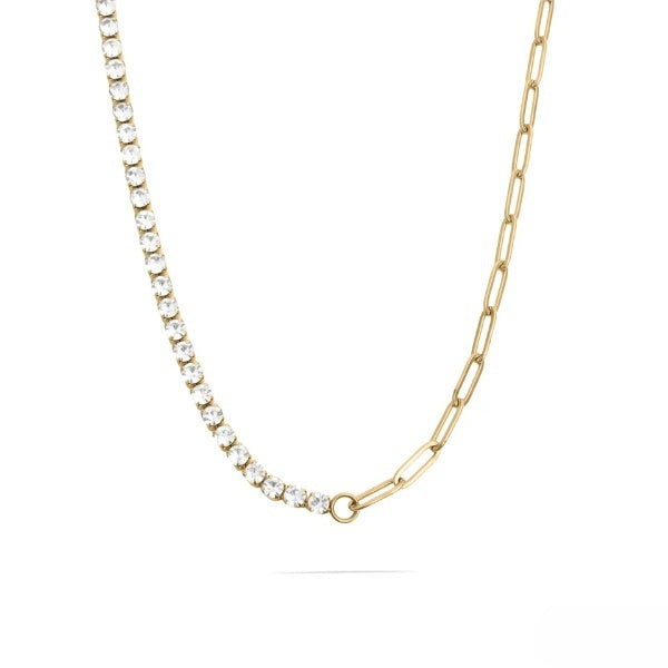 Stainless Steel Gold Color PVD CZ And Paperclip Tennis Chain Split Necklace