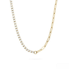 Tresoli Stainless Steel Gold Color PVD CZ And Paperclip Tennis Chain Split Necklace