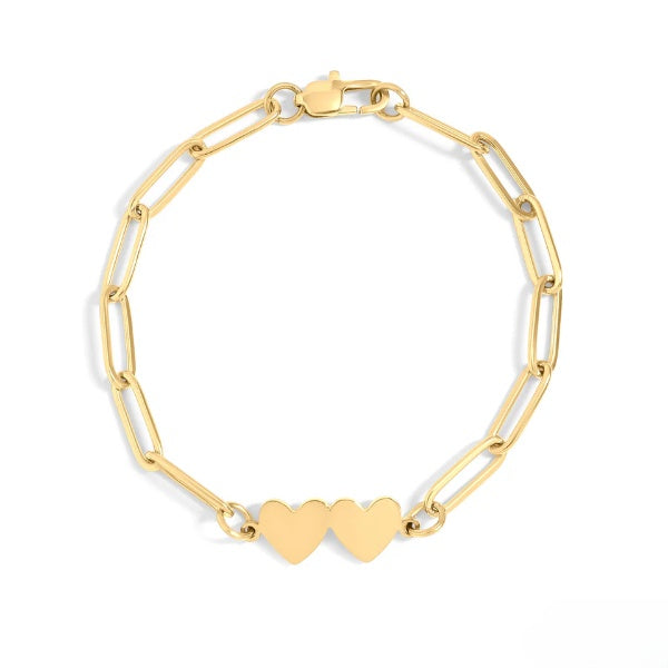 Stainless Steel Gold Color PVD Engravable 2 Heart Paperclip Bracelet