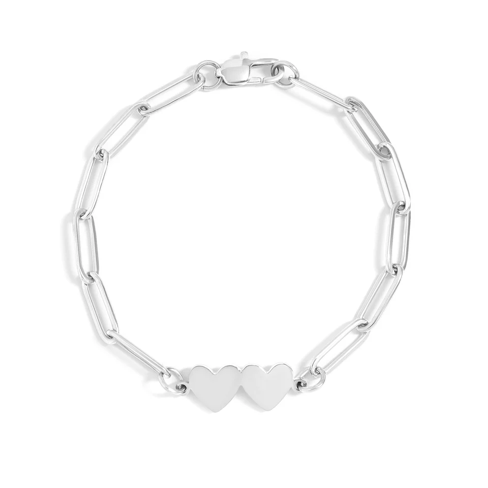 Stainless Steel Color PVD Engravable 2 Heart Paperclip Bracelet