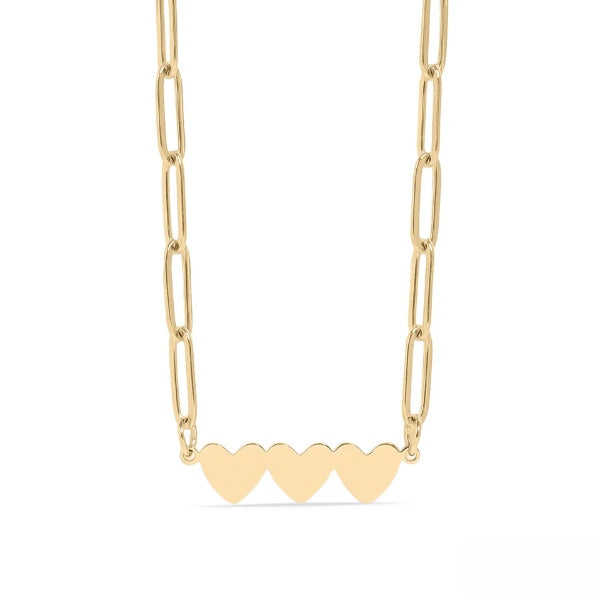 Tresoli Stainless Steel Gold Color PVD Engravable 3 Heart Paperclip Necklace