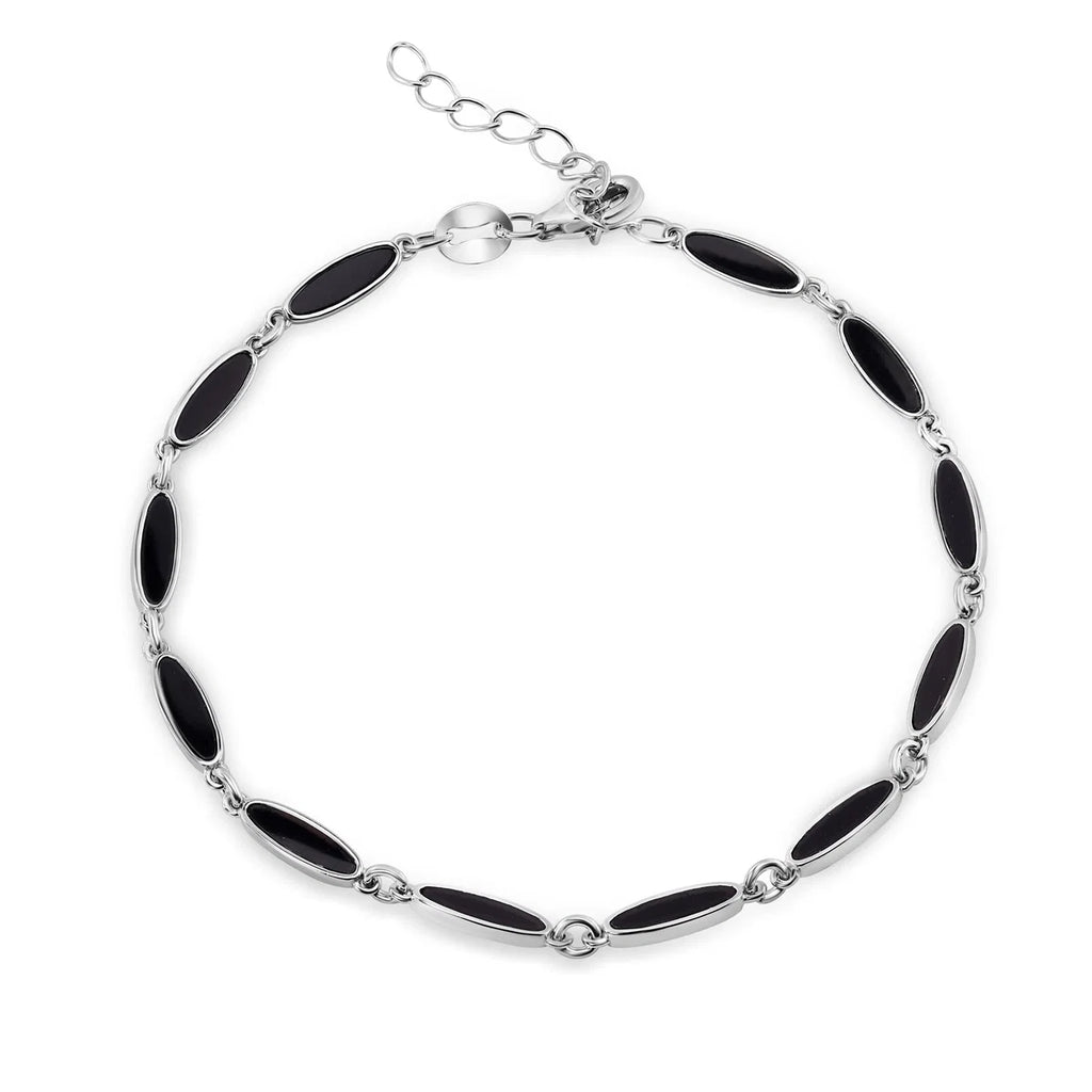 Sterling Silver Rhodium Plated Onyx Cat's Eye Link Bracelet