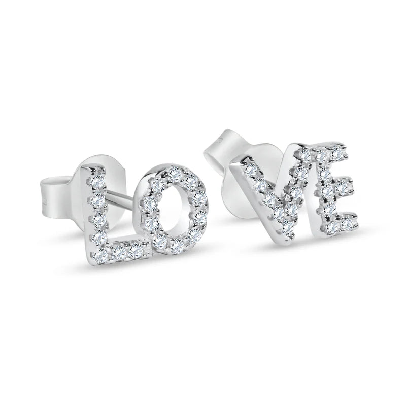 Sterling Silver Rhodium Plated Love Clear CZ Stud Earrings Dimensions Right-8.1mmx6.2mm, Dimensions Left-8.5mmx6.2mm