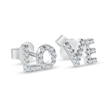 Load image into Gallery viewer, Sterling Silver Rhodium Plated Love Clear CZ Stud Earrings Dimensions Right-8.1mmx6.2mm, Dimensions Left-8.5mmx6.2mm
