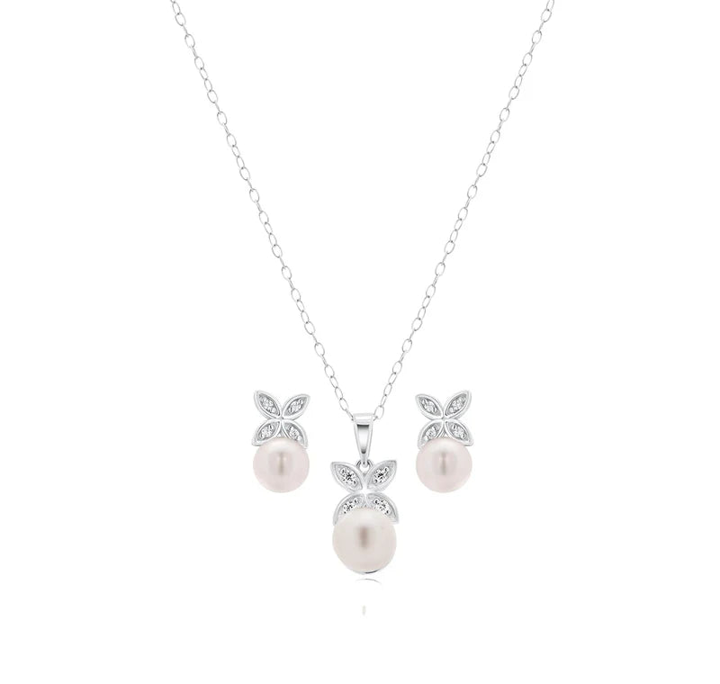 Sterling Silver Rhodium Plated Clear CZ Hanging Pearl Butterfly Set With CZ  Stones