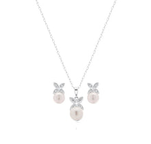 Load image into Gallery viewer, Sterling Silver Rhodium Plated Clear CZ Hanging Pearl Butterfly Set With CZ  Stones