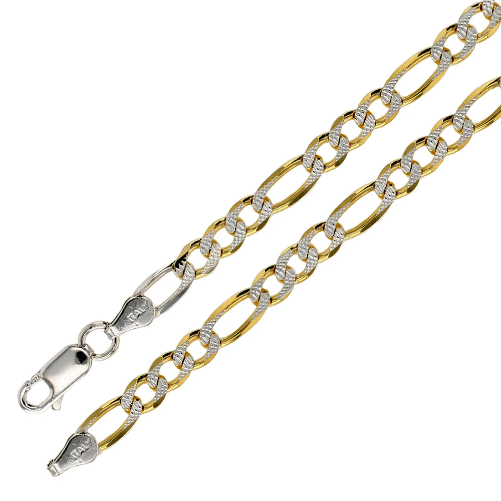 Italian Sterling Silver Gold Plated Diamond Cut Figaro Chain 100-4mm with Lobster Clasp Closure