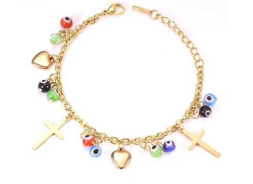 Stainless Steel Gold Color PVD Cross Eyes Heart Pendants Bracelet