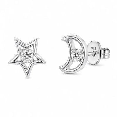 Sterling Silver Rhodium Plated Lab Grown Diamonds Star And Moon Stud Earrings
