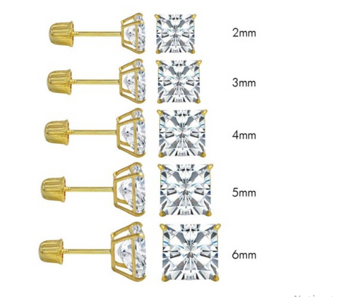 (Pack of 12)14K Yellow Gold Princess Cut Cubic Zirconia Stud Earring Set on High Quality Prong SettingAnd Screw Back Post