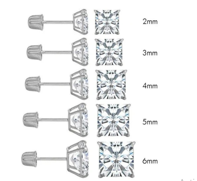 14K White Gold Princess Cut Cubic Zirconia Stud Earring Set on High-Quality Prong Setting, Screw Back Post