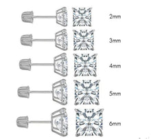 Load image into Gallery viewer, 14K White Gold Princess Cut Cubic Zirconia Stud Earring Set on High-Quality Prong Setting, Screw Back Post