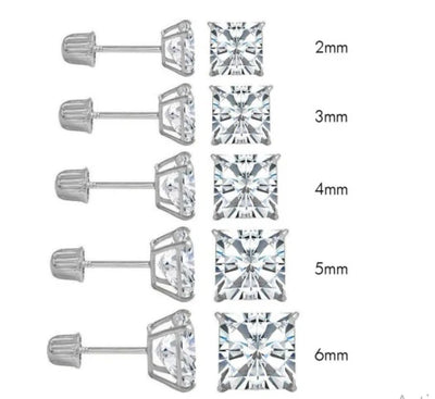 14K White Gold Princess Cut Cubic Zirconia Stud Earring Set on High-Quality Prong Setting, Screw Back Post