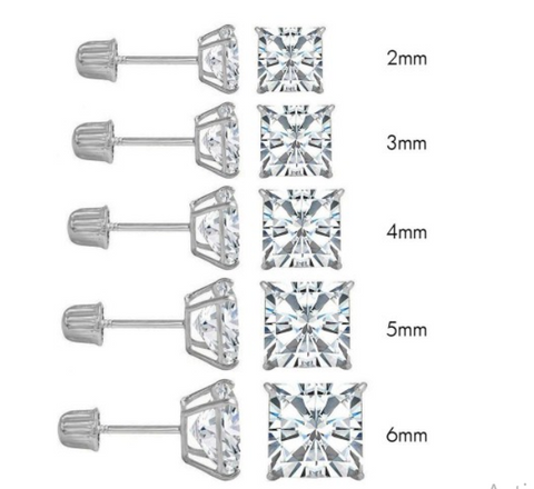 (Pack of 12)14K White Gold Princess Cut Cubic Zirconia Stud Earring Set on High Quality Prong SettingAnd Screw Back Post