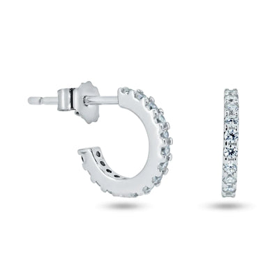 Sterling Silver Rhodium Plated CZ Huggie Semi Hoop Earrings
