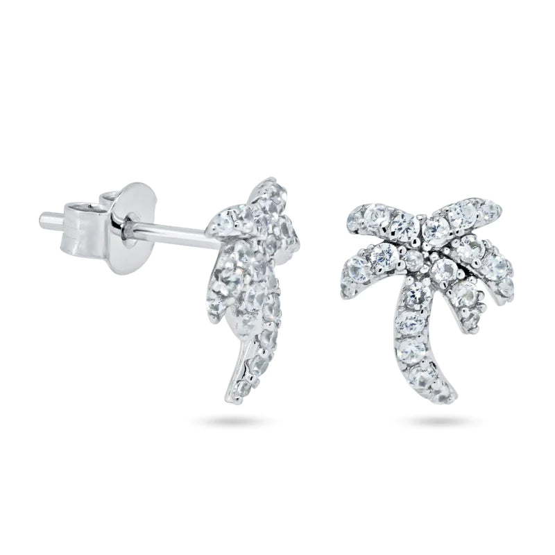 Sterling Silver Rhodium Plated Palm Tree CZ Stud Earrings